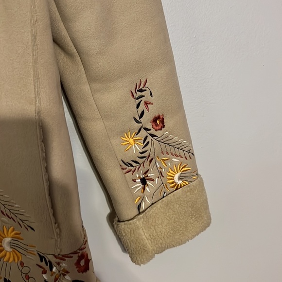Panache Beige Faux Suede Floral Embroidered Jacket with Toggle Buttons - Picture 2 of 8